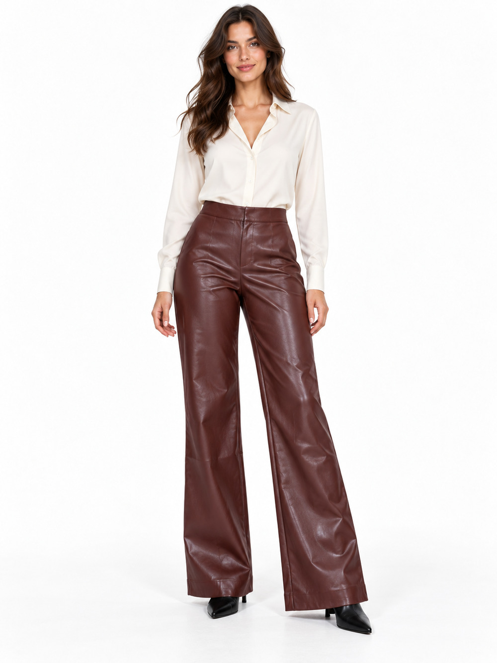 ARITZIA Wilfred Elaine Vegan Leather Flare Pants High Rise Rich Mocha Brown Size